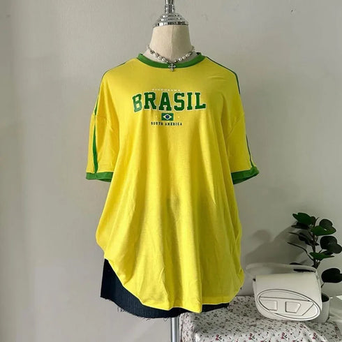 Europe and the United States loose letters yellow green top Y2K women's summer T-shirt sexy clothing street