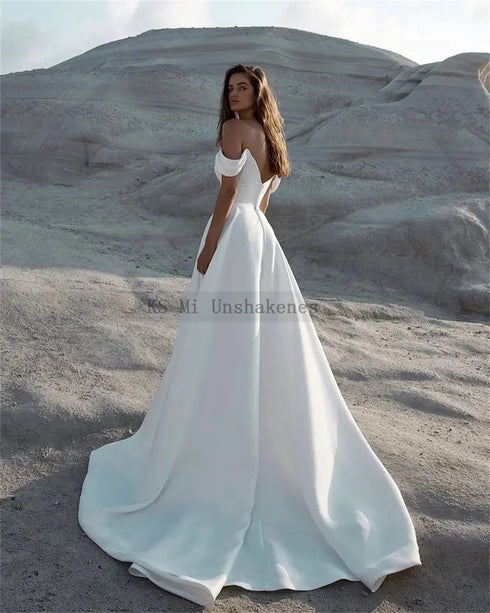 Simple Civil Wedding Dresses Off the Shoulder Sleeveless Dress