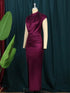 Women Dress Pleated Long Elegant Slit High Collar Maxi Gowns Party