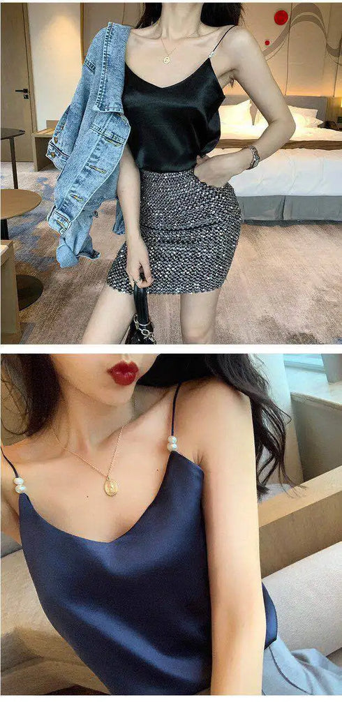 Satin Silk Backless Halter Crop Top for Women - Stylish Sleeveless Camisole Perfect for Summer Parties and Clubbing - Trendy Tank Top with Beaded Decoration and Open Back Design