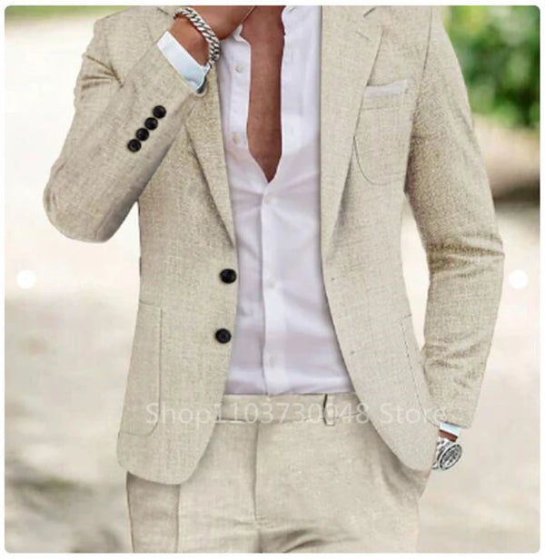 Linen Summer Men Suits Slim Fit Two Button Blazer Pants Tuxedos Set
