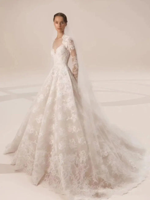 Backless Lace Wedding Dress A-Line Long Sleeve With Ruched Train Custom Made Bridal Gown