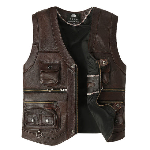 Men's Genuine Cowhide Leather Vest - Slim Fit Multi Pocket Zipper Waistcoat for Spring and Autumn Casual Wear