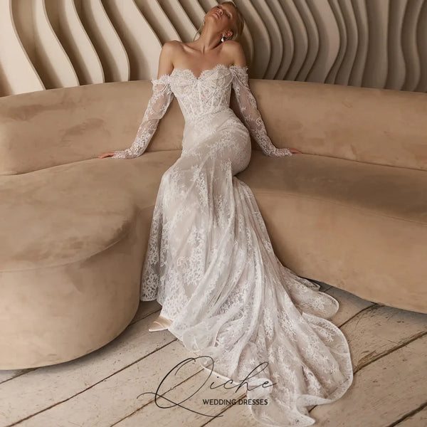 Mermaid Lace Wedding Dress With Pearls Sweetheart Neckline Long Sleeves Floor Length Bridal Gown
