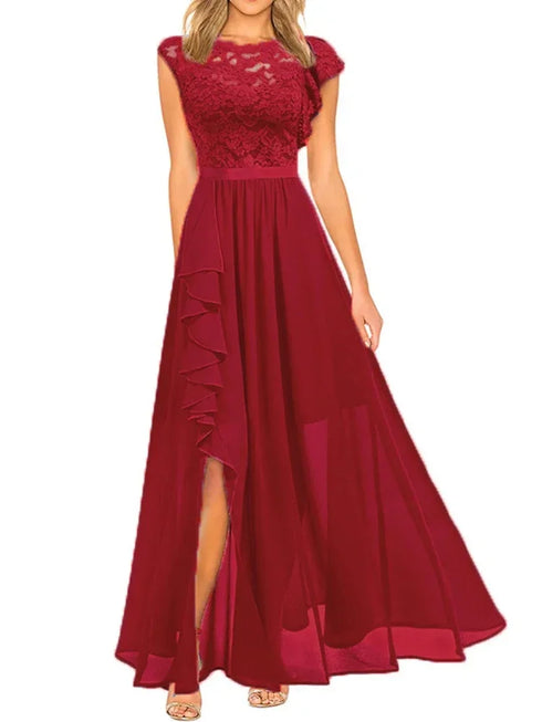 Harajuku Vintage Elegant Long Maxi Dress Stylish Party Wedding Dress with Spliced Lace Chiffon