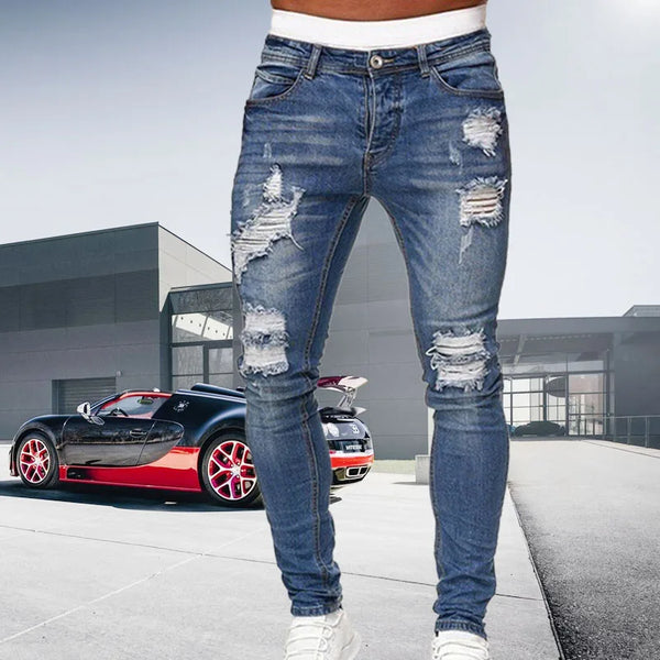 Fashion Black Ripped Skinny Jeans for Men Streetwear Denim