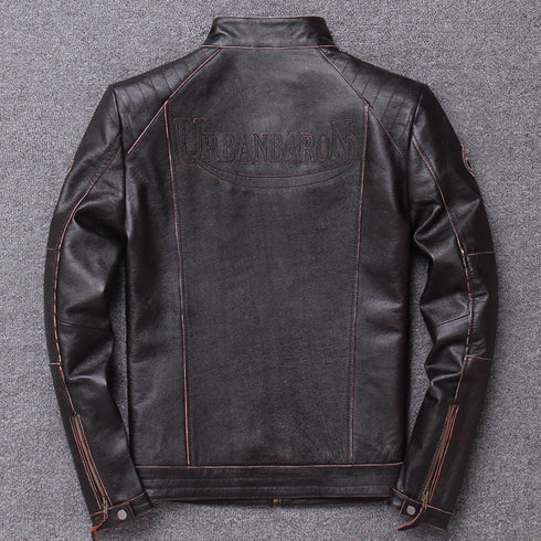 Vintage Genuine Leather Biker Jacket for Men – Slim Fit Cowhide Motorcycle Outerwear with Pockets and Embroidery Details for All Seasons