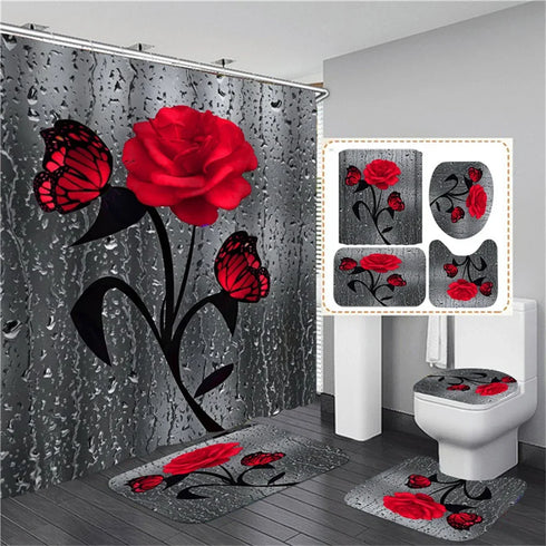4 Piece Doormat Shower Curtain Set with Non-Slip Rugs Toilet Seat Cover and Bath Carpet for Bathroom Decor