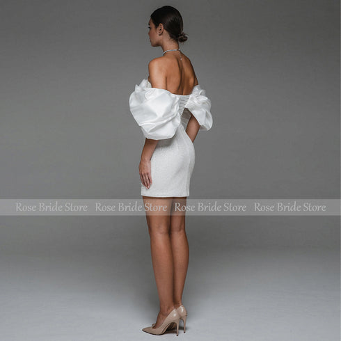 Short Wedding Dress for Bride Off the Shoulder Mini Gown Sheath Backless Glitter Bridal Dress