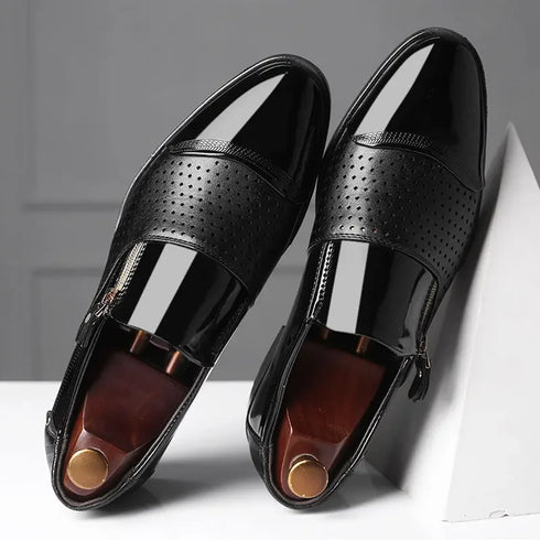 Elegant Men's Black Patent Leather Oxford Loafers for Weddings, Office & Career - Stylish Formal Dress Shoes with Slip-On Design and Pointed Toe