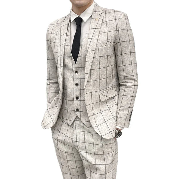 Men's Plaid Formal Business Suit Set - Slim Fit Jacket, Vest & Pants for Weddings and Smart Casual Wear
