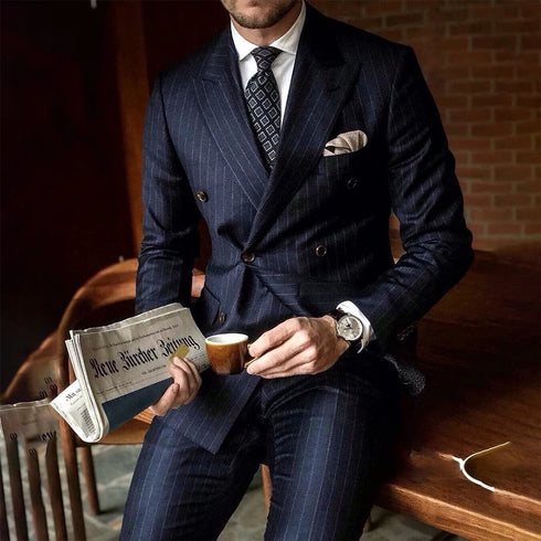 Navy Blue Striped Men's Suit Formal Double Breasted Blazer and Pants Set