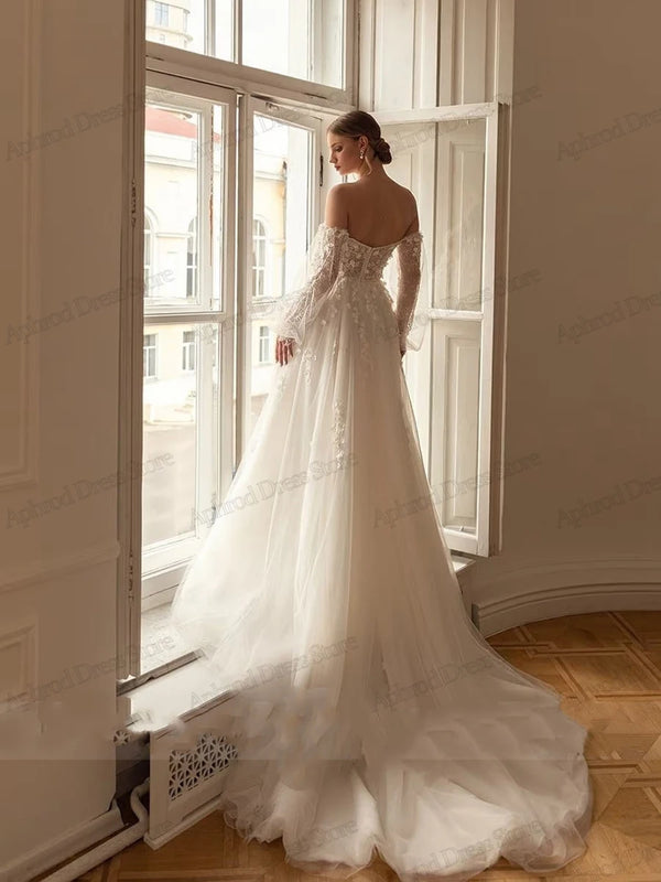 Princess A-Line Tiered Tulle Wedding Gown Off The Shoulder Floor-Length Dress