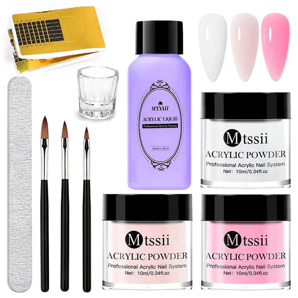 Professional Acrylic Nail Powder and Liquid Kit with Brush for Nail Extension and Carving – Complete Manicure and Nail Art Supplies Set
