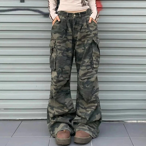Women Y2K Camouflage Cargo Jeans Vintage High Waist Pants