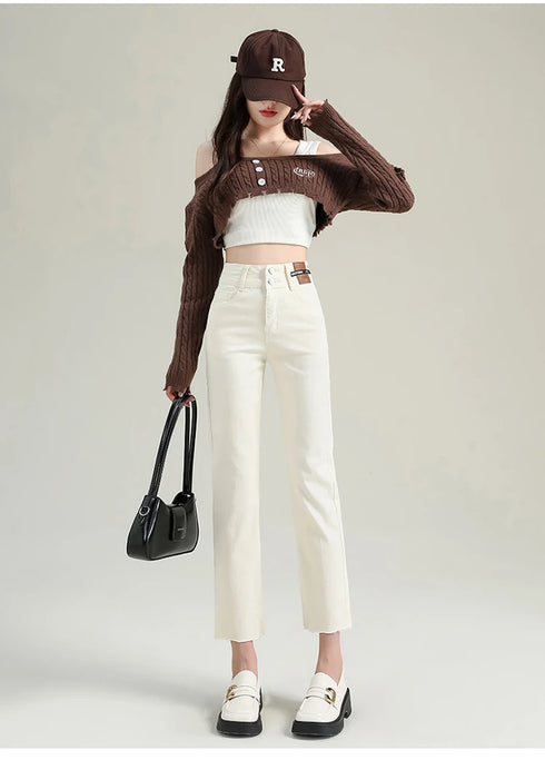 Slim Straight Elastic Denim Pipe Pants for Women - Versatile All-Season Trousers with Pockets and Tie Dye Details for Trendy Fall Outfits