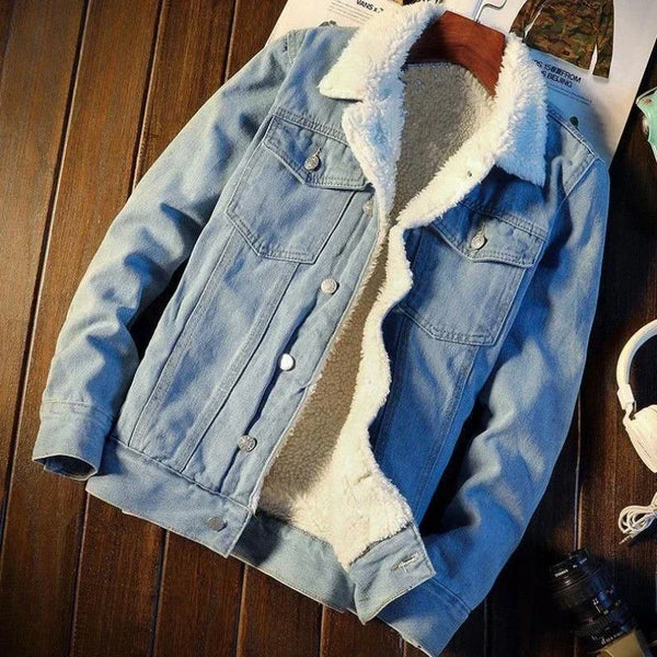 Men's Slim Fit Denim Jacket with Warm Padding - Stylish Padded Jeans Coat for Winter Casual Wear, Featuring Detachable Lower Edge and Turn-down Collar