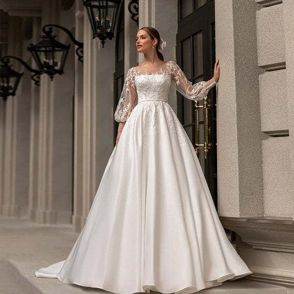 Classic Wedding Dresses Women O-Neck Full Sleeves Bride Gown Applique A-Line Occasion