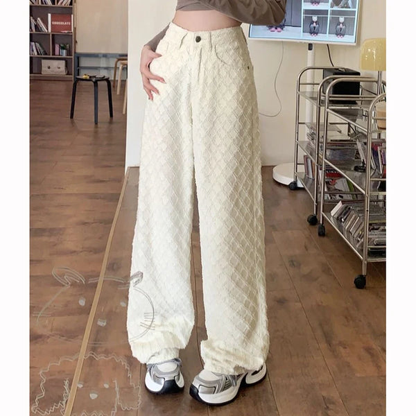 High Waist Straight Leg Women Jeans Plaid Printed Denim Trousers