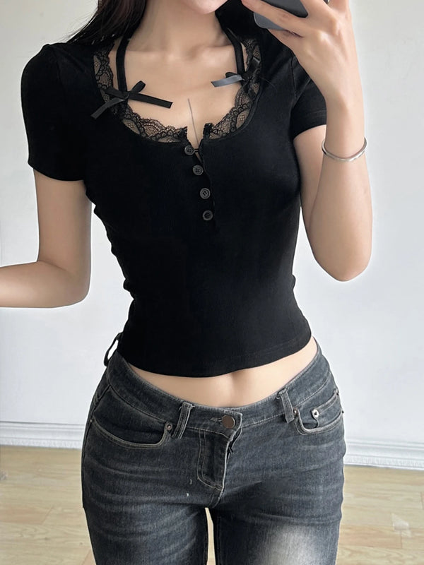Halter Neck Lace Trim Bow Slim Short Sleeve Tee Women Balletcore Shirt