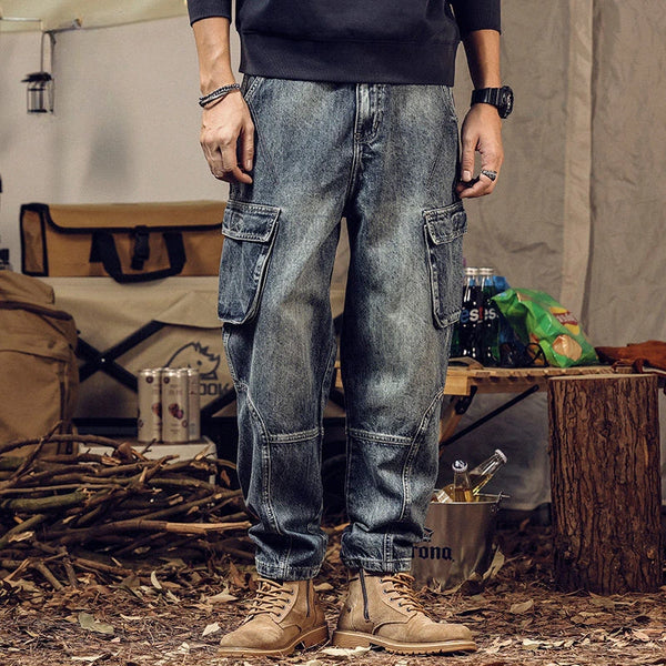 Casual Loose-Fit Men's Work Jeans with Large Pockets - Hip Hop Retro Style Denim for Versatile Outfits