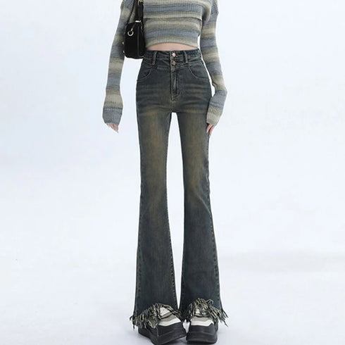 Ripped High Waist Flared Jeans For Women Retro Denim Trousers Casual Street Style Classic Fit