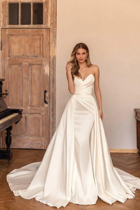 Customized Luxury Sweetheart Mermaid Satin Wedding Dress with Detachable Skirt and Backless Lace Up Design