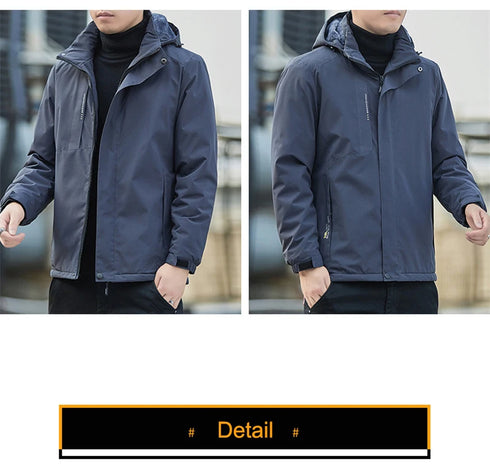 Plush Waterproof Autumn Winter Jacket for Men - Casual Windproof Coat with Detachable Hood and Rib Sleeves, Perfect for Daily Wear and Spring Cotton Comfort
