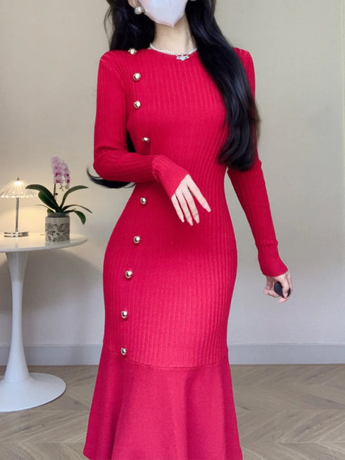 Korean Chic French Knitted Dress Women Long Sleeve Fishtail Bodycon