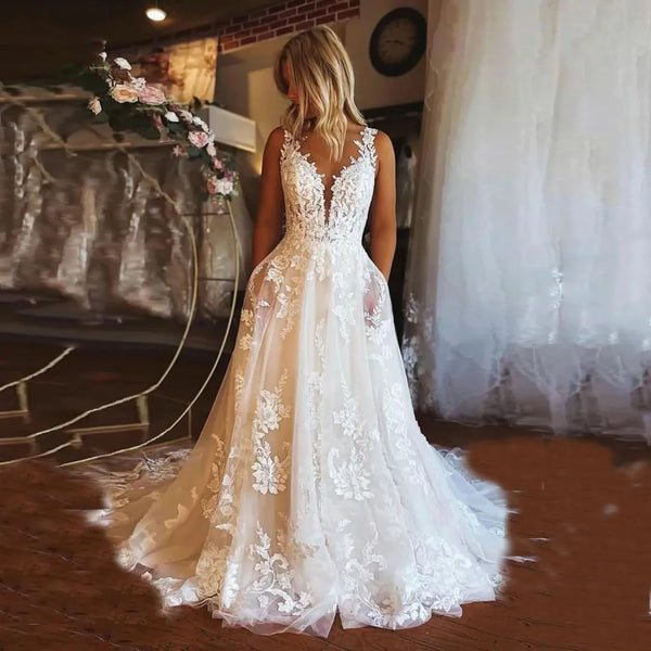 Boho Lace Appliques Wedding Dress A Line Backless V Neck Sweep Train Bridal Gown