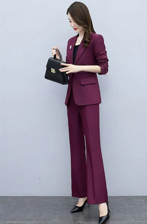 Elegant Women's Blazer and Wide Leg Trouser Suit Set - Classy Two Piece Outfit with Flare Pants for Office and Formal Occasions