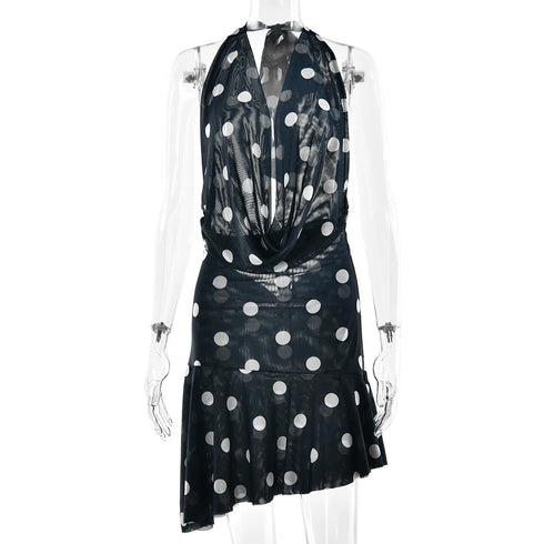Sexy Deep V Neck Printed Polka Dot Halter Mini Dress for Women Elegant Summer Party Outfits