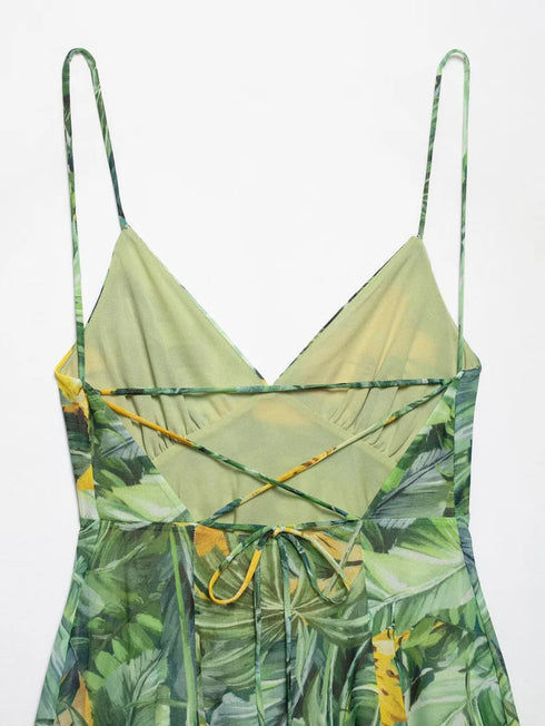 TRAF Women's Vacation Style Printed Silk Mesh V Neck Halter Mini Dress