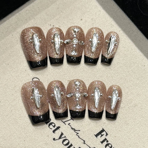 10-Piece Handmade Press-On Nail Set with Full Coverage, Shiny Cat Eye Design, Moon Rhinestones, and French Square Shape for a Stunning Autumn and Winter Look