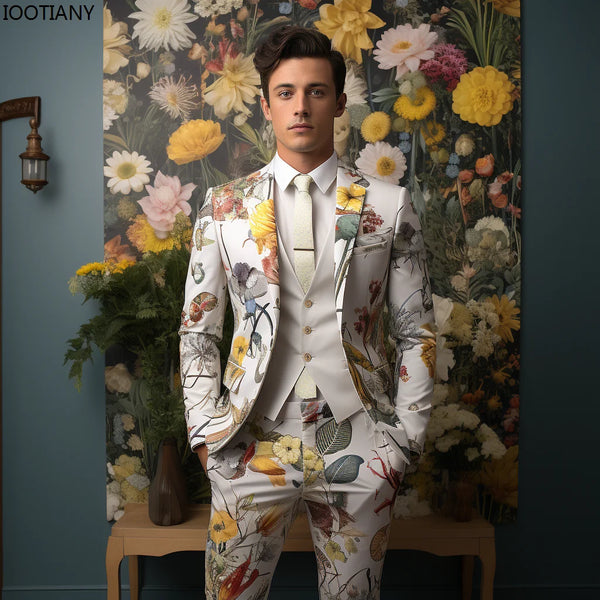 Floral Jacquard Men's Suit with 3D Digital Printing - Stylish Performance Set for Parties and Nightclubs
