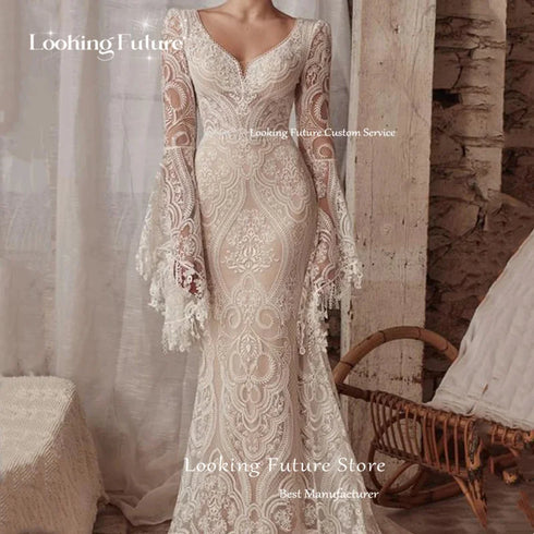 Boho Mermaid Wedding Dress Long Sleeve Lace Illusion V Neck Backless Bridal Gown