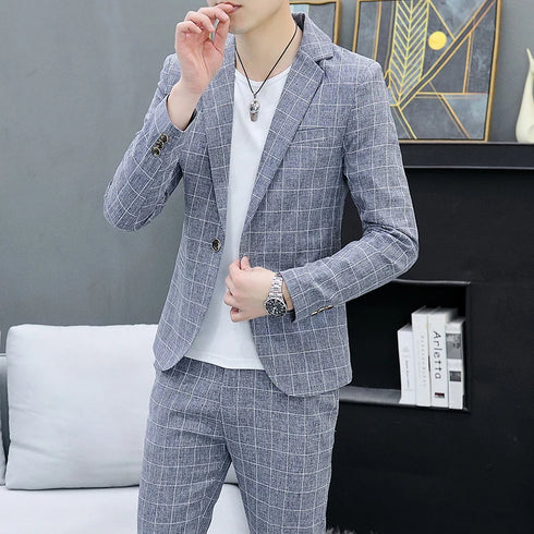 Korean Slim Fit Two-Piece Suit Set for Men Casual Trendy British Style Coat and Trousers