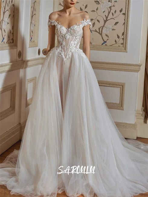 Graceful Floral A Line Wedding Dress with Sheer Back Gown