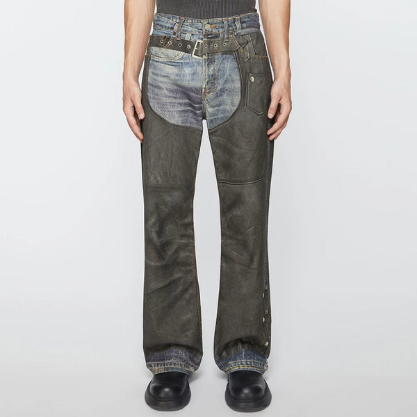 High Street Pu Leather Patchwork Baggy Jeans Pants for Men and Women Casual Loose Denim Trousers Oversize