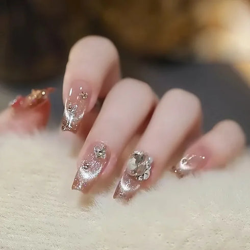 24Pcs Long Acrylic Ballet Fake Nails with Rhinestone Chain Design - Full Cover Press-On Nail Tips for Stylish Nail Art Enthusiasts