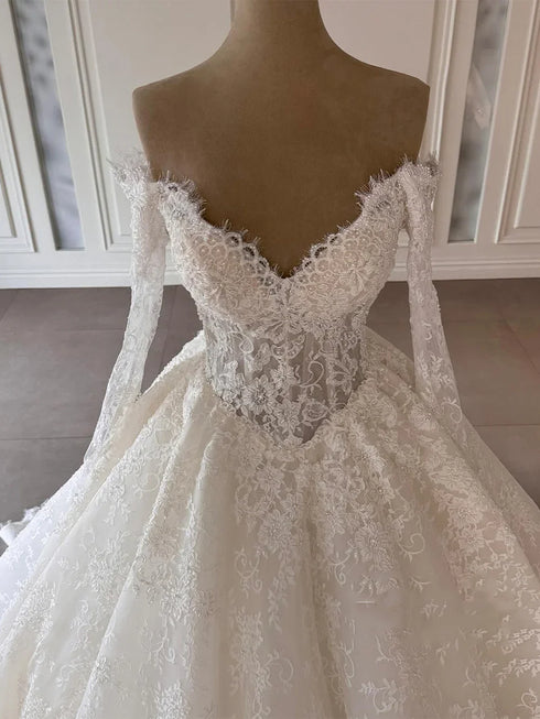 Ball Gown Lace Wedding Dress With Long Sleeves V Neck Corset Pearls Beading Appliques