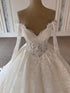 Ball Gown Lace Wedding Dress With Long Sleeves V Neck Corset Pearls Beading Appliques
