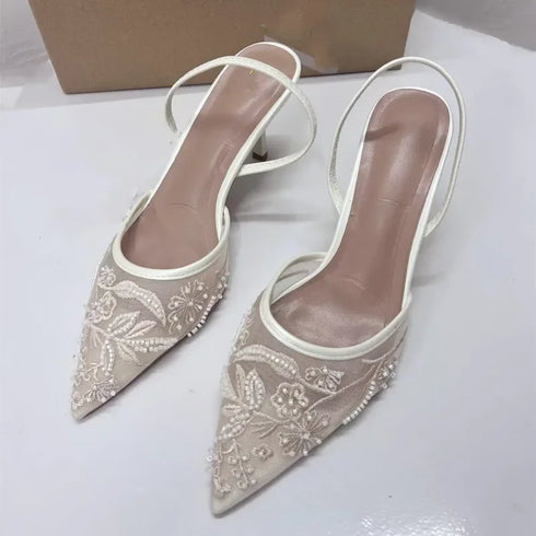 Sexy Mesh Pointed Stiletto Mules Women Heels Elegant