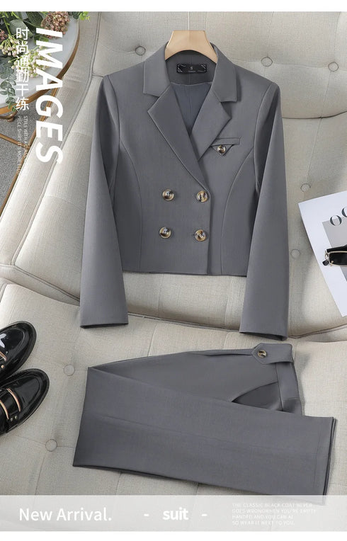 Chic Women's Office Suit Set: Long Sleeve Double Breasted Short Tops with Slim High Waisted Pencil Pants for Spring Fashion