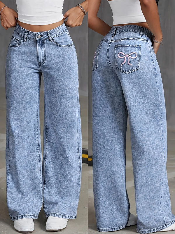 Embroidered Back Pocket Bow Wide Leg Jeans With Relaxed Fit And Versatile Washed Denim Pants