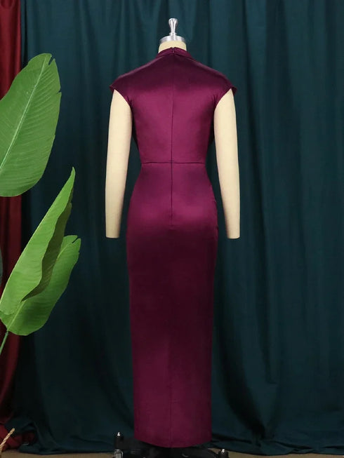 Women Dress Pleated Long Elegant Slit High Collar Maxi Gowns Party