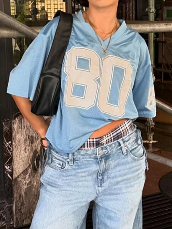 IAMSURE Sporty Activewear Number Printed T Shirt Casual Loose O-Neck Short Sleeve Tees Women 2024 Summer Fashion Streetwear Lady