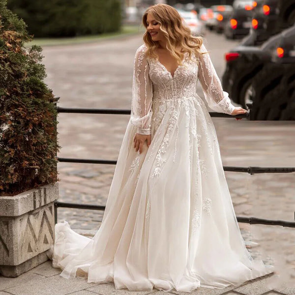 Aline Wedding Dress Plus Size With Long Sleeve Lace Train Beaded Appliques Elegant Silhouette