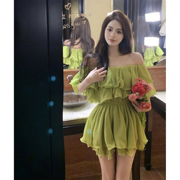 Korejepo Sweet Spice Girl Short Sleeve Chiffon Dress Women Fashion