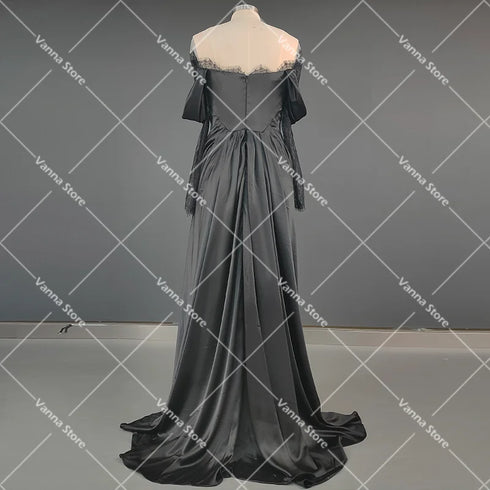 Customized Illusion Tulle Off Shoulder Lace Wedding Gowns A Line Long Sleeves Ruched Satin Bridal Dress